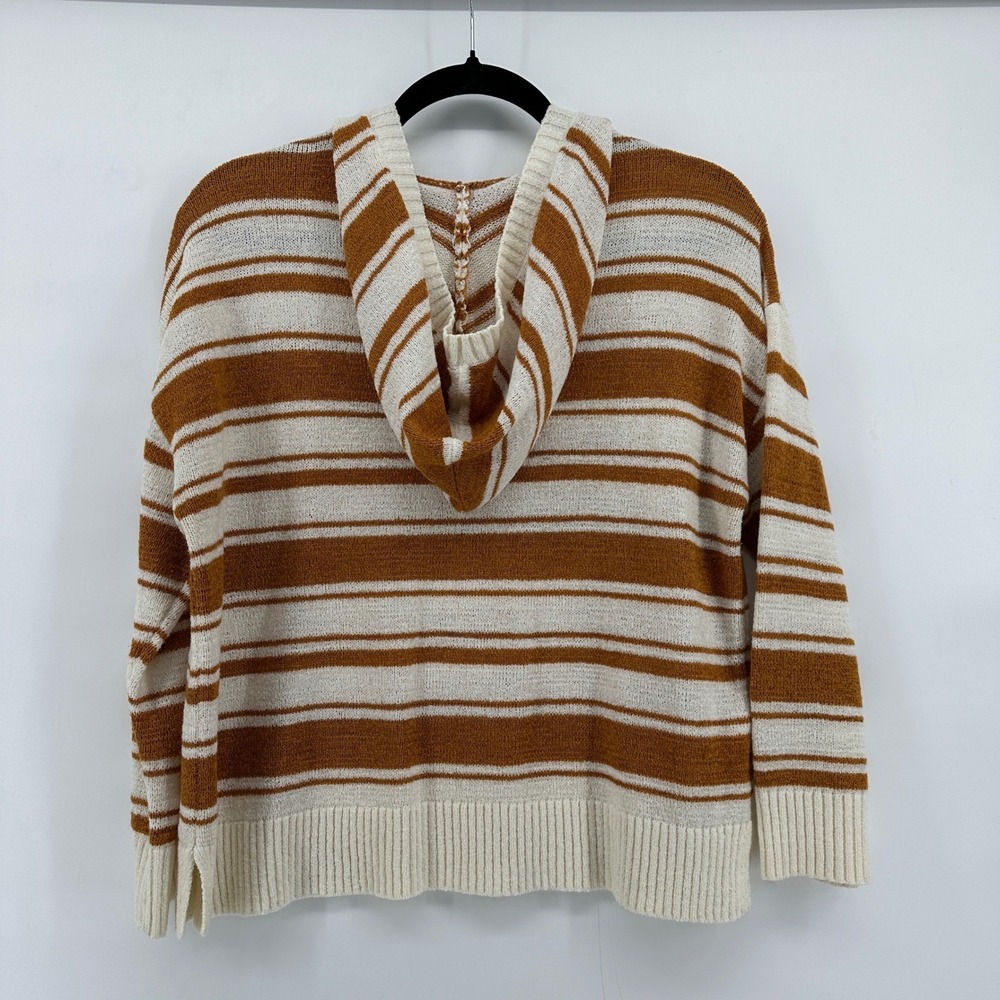 Loft Womens Striped Knit Hoodie Sweater Rust Cream Medium V-Neck - Picture 3 of 8